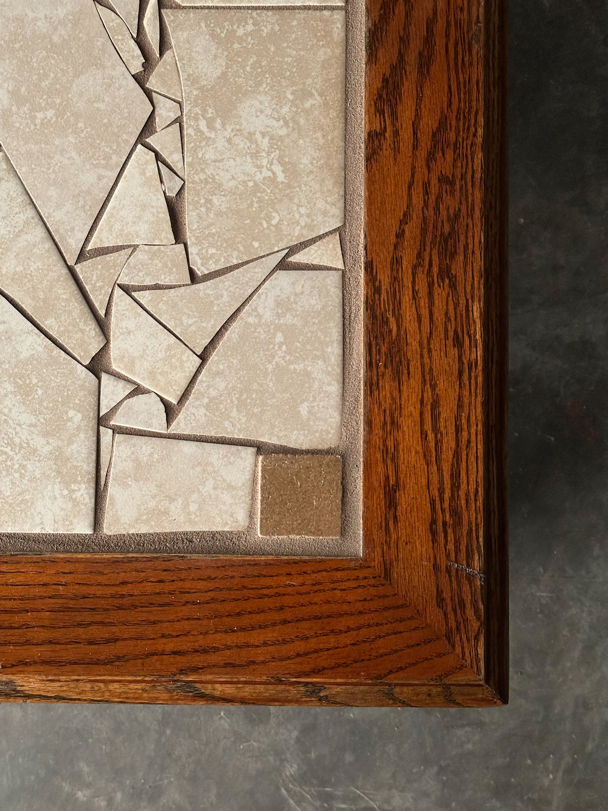 Hand-Laid Stone Mosaic Coffee Table on Vintage Oak Trestle Base