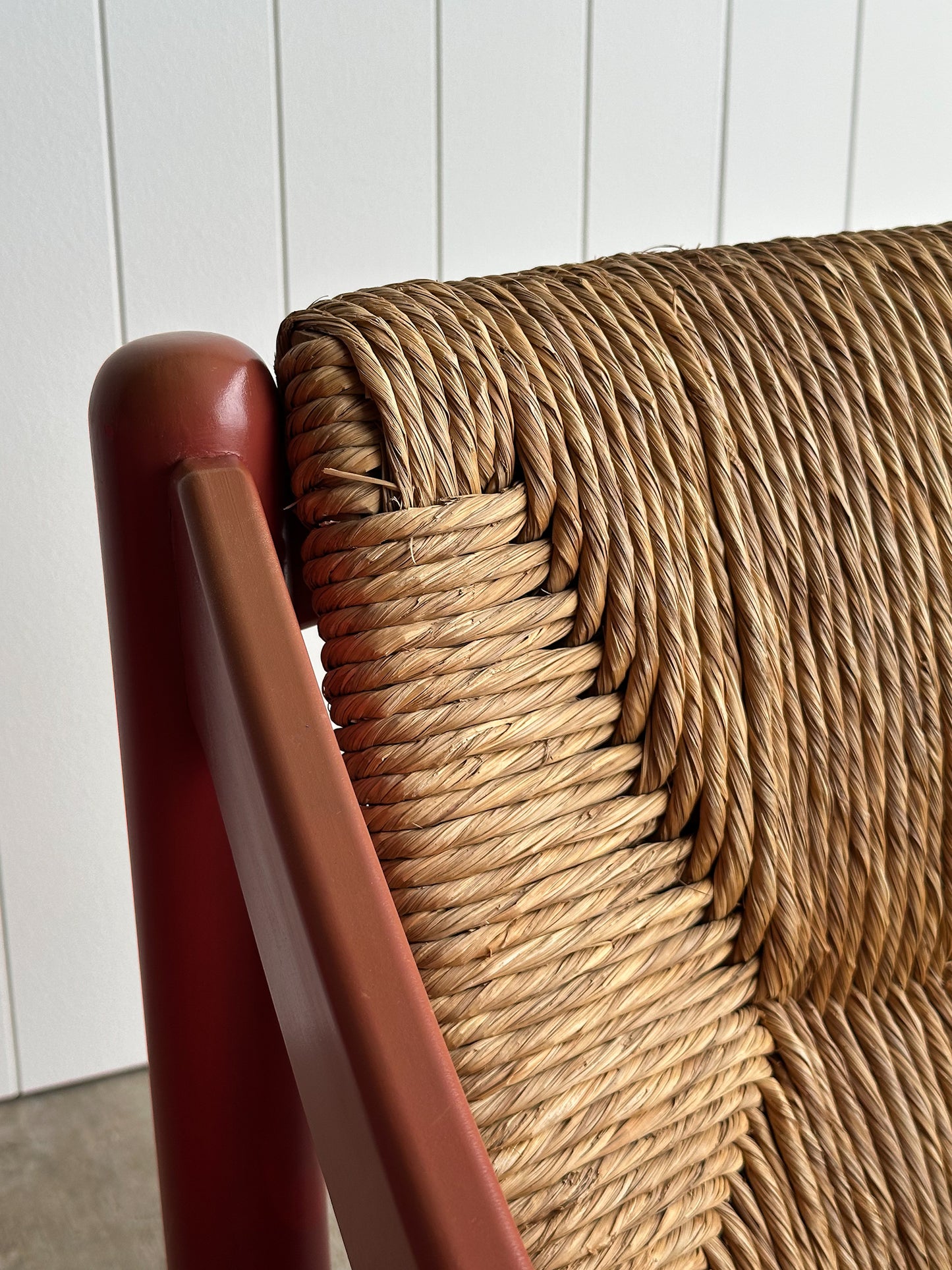 Pair of Vintage Red Lacquered Rush Lounge Chairs, Attributed to Vico Magistretti