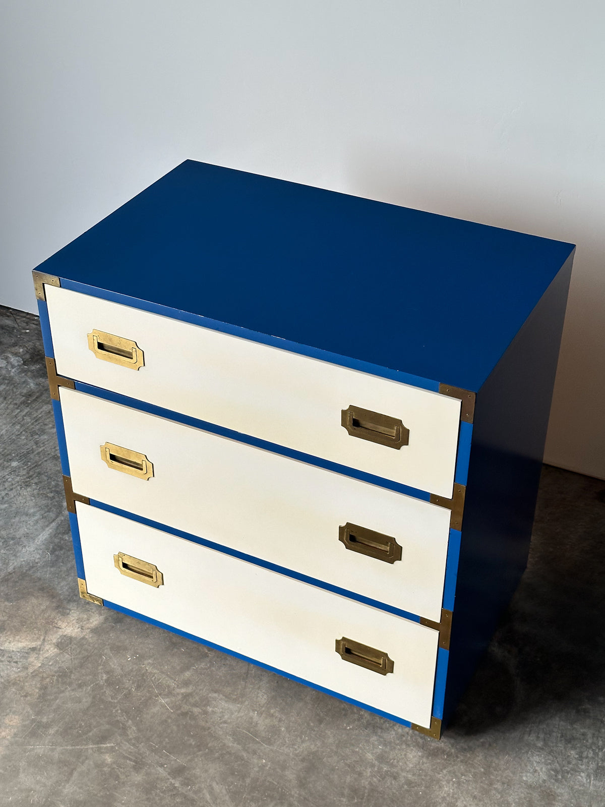 Blue & White Lacquered Campaign Chest of Drawers with Brass Hardware, 1970s