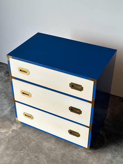 Blue & White Lacquered Campaign Chest of Drawers with Brass Hardware, 1970s