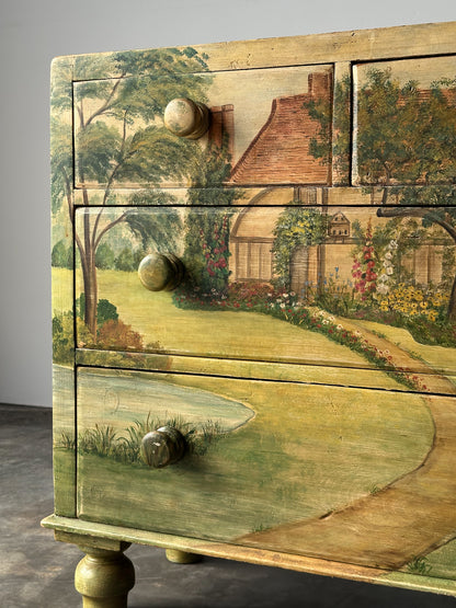 Hand-Painted Cottage Landscape Chest of Drawers, 19th Century