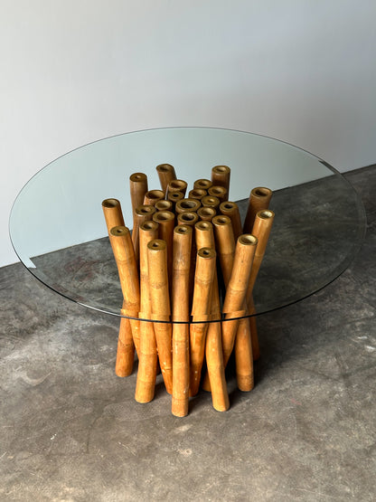 Bundled Bamboo Round Glass Dining Table, Budji Layug, 1970s