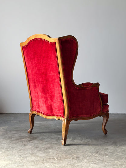 Vintage French Louis XV Style Crimson Velvet Wingback Bergère