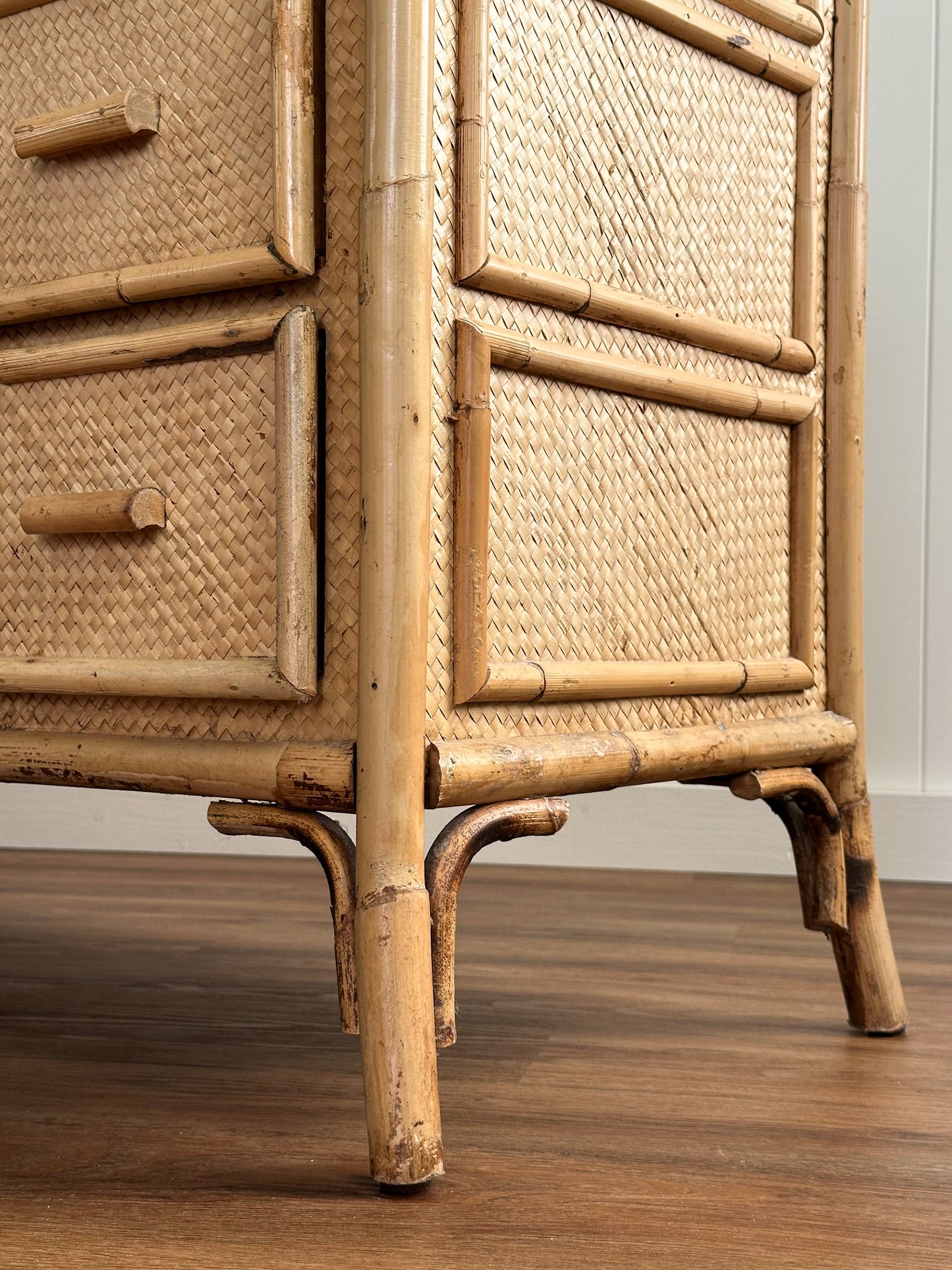 Vintage Coastal Woven Rattan Six-Drawer Dresser