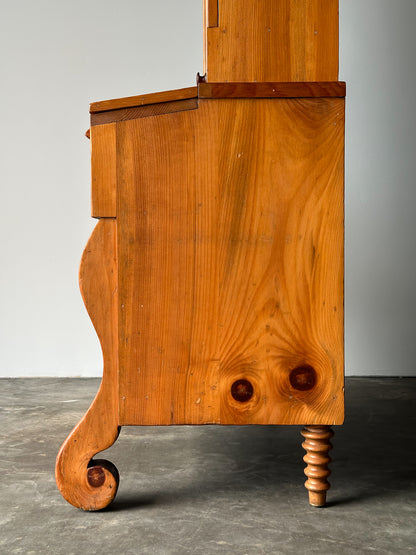 Pine Fall-Front Secretary Desk with Glass-Front Bookcase, Circa 1840s