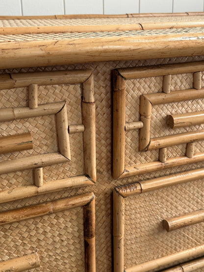 Vintage Woven Rattan Six-Drawer Dresser