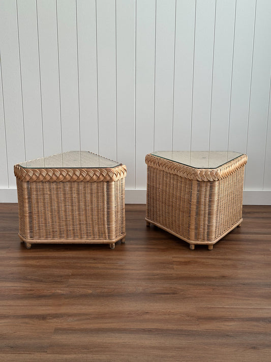Vintage Brown Jordan Braided Wicker Side Tables, Pair