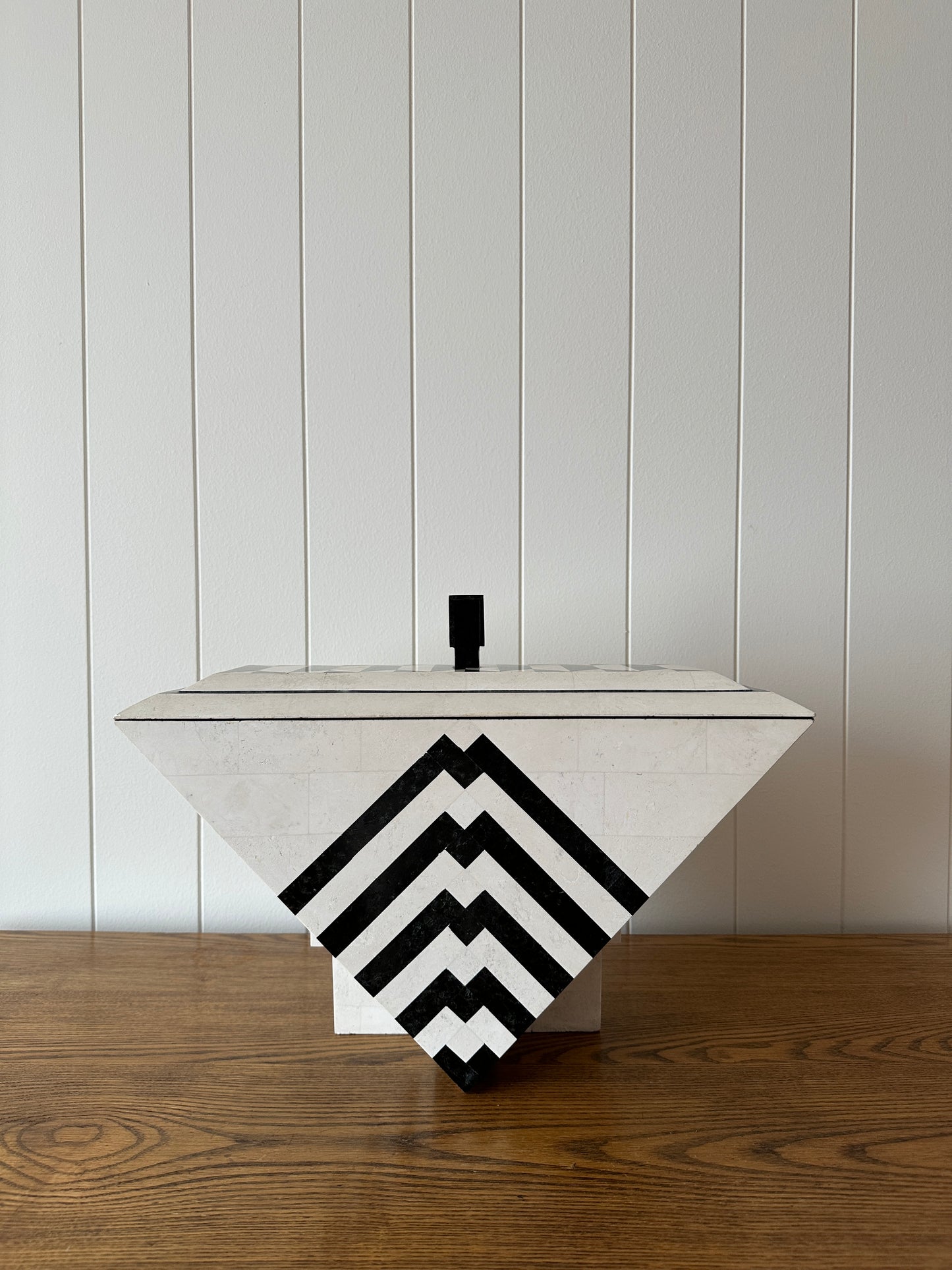 Vintage Maitland-Smith Tessellated Mactan Stone Box With Marble and Brass Inlay