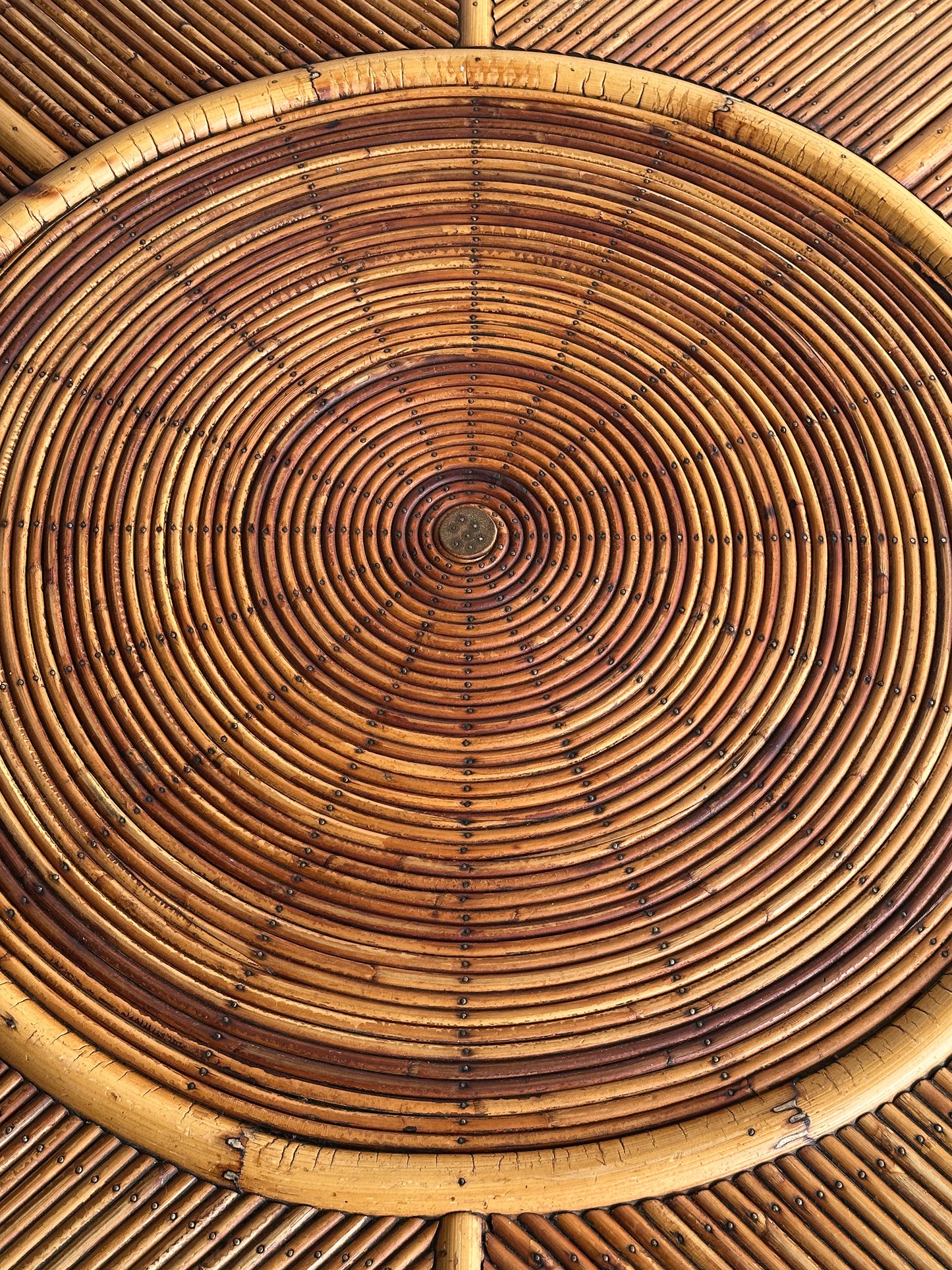 Vintage Monumental Rattan Sunburst Coffee Table, C. 1970s
