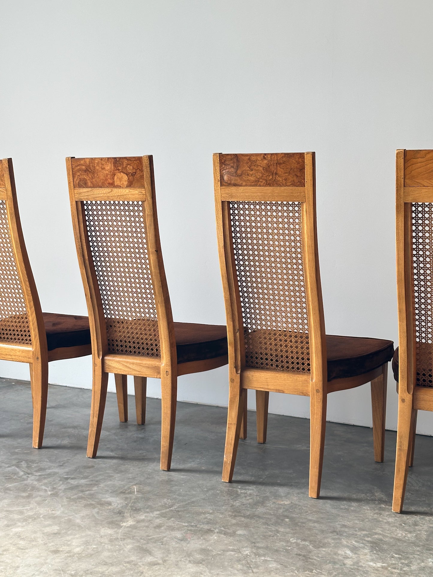 Set of 6 Milo Baughman Style Cane Back Burl Dining Chairs by Lane, 1970s