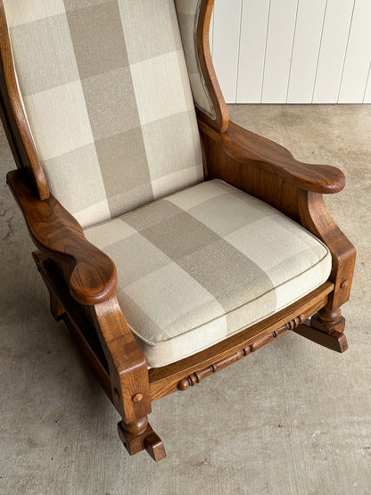 Studio Craft Oak Wingback Rocking Chair With Carved Rail, C. 1970s
