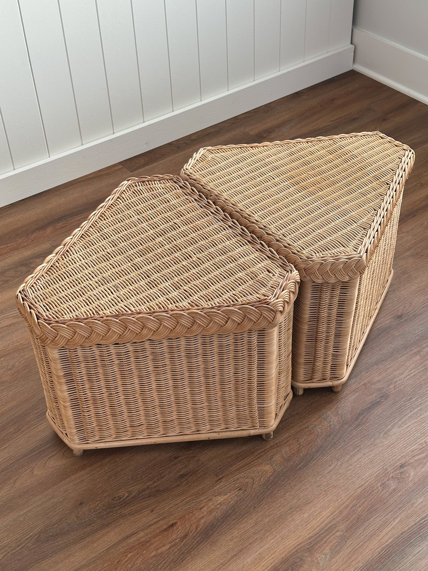 Vintage Brown Jordan Braided Wicker Side Tables, Pair