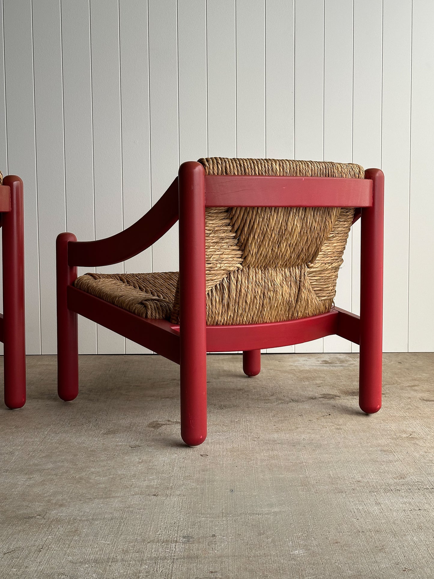 Pair of Vintage Red Lacquered Rush Lounge Chairs, Attributed to Vico Magistretti