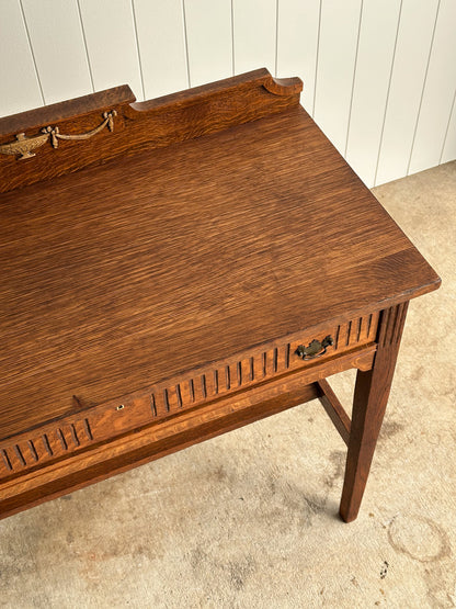 Antique Quarter Sawn Oak Console Table with Carved Gallery Back