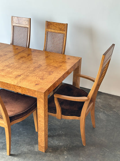 Set of 6 Milo Baughman Style Cane Back Burl Dining Chairs by Lane, 1970s