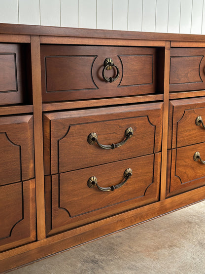 Vintage Ward Walnut Nine-Drawer Triple Dresser with Fluted Details