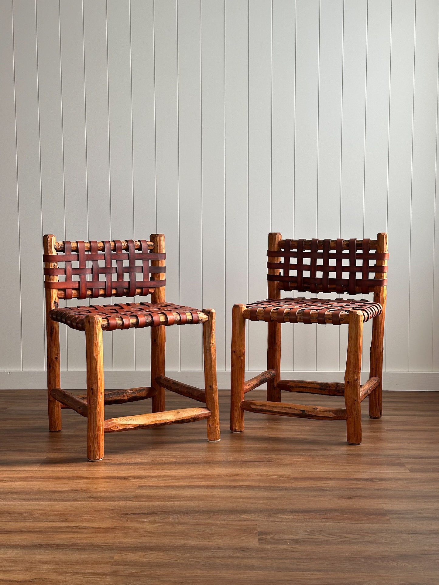 1940s Tuscan Leather Strap & Wood Dining Chairs, Set of Four