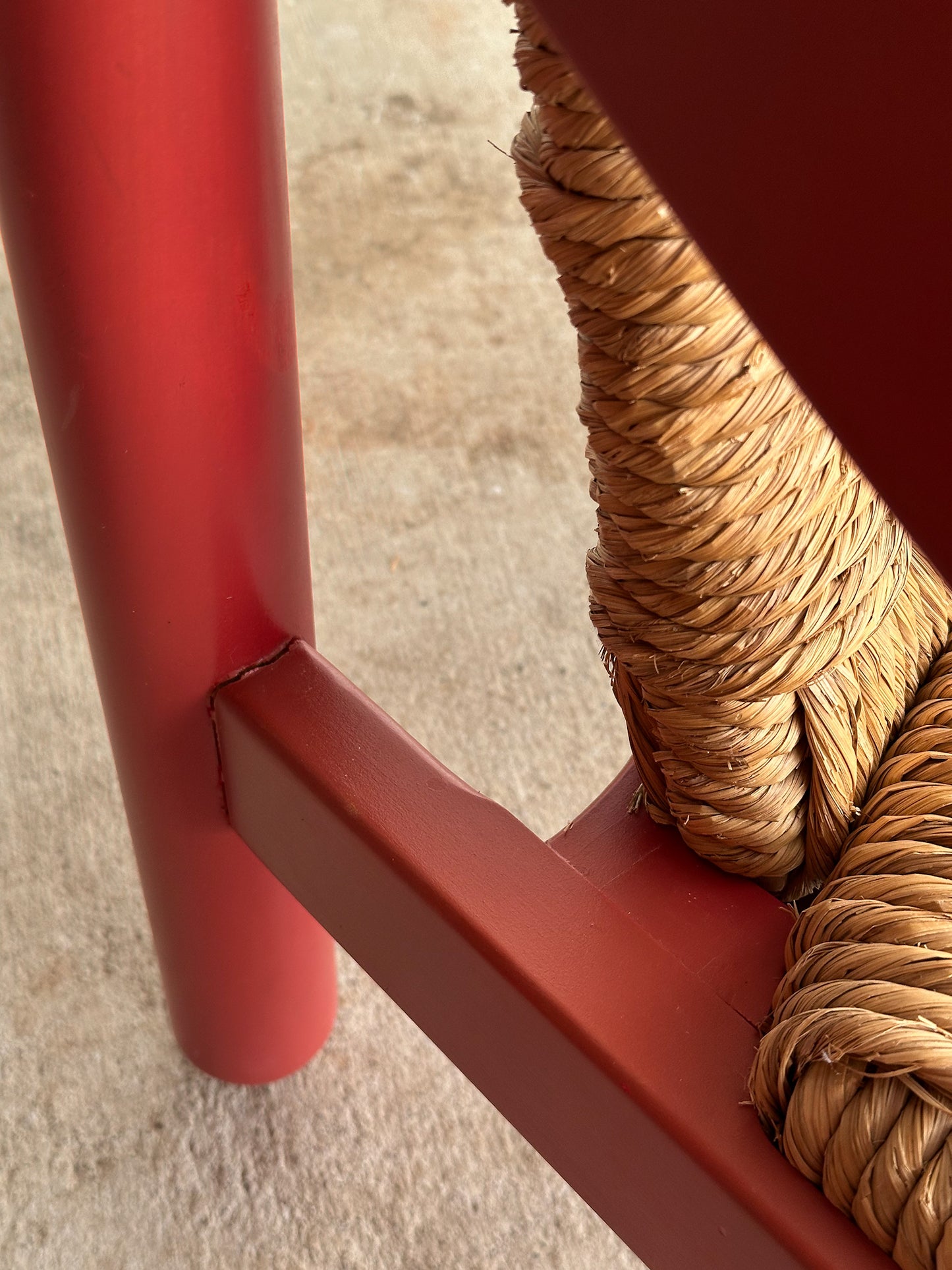 Pair of Vintage Red Lacquered Rush Lounge Chairs, Attributed to Vico Magistretti