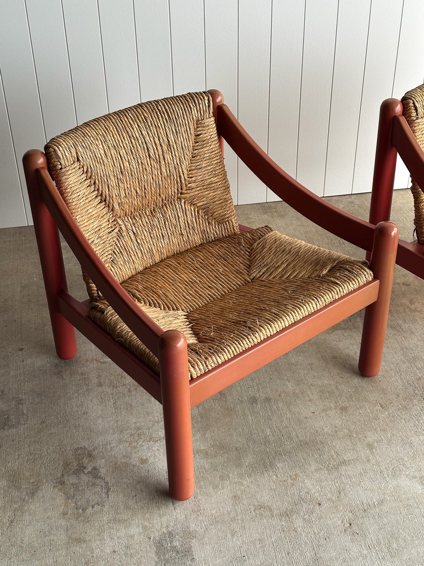 Pair of Vintage Red Lacquered Rush Lounge Chairs, Attributed to Vico Magistretti