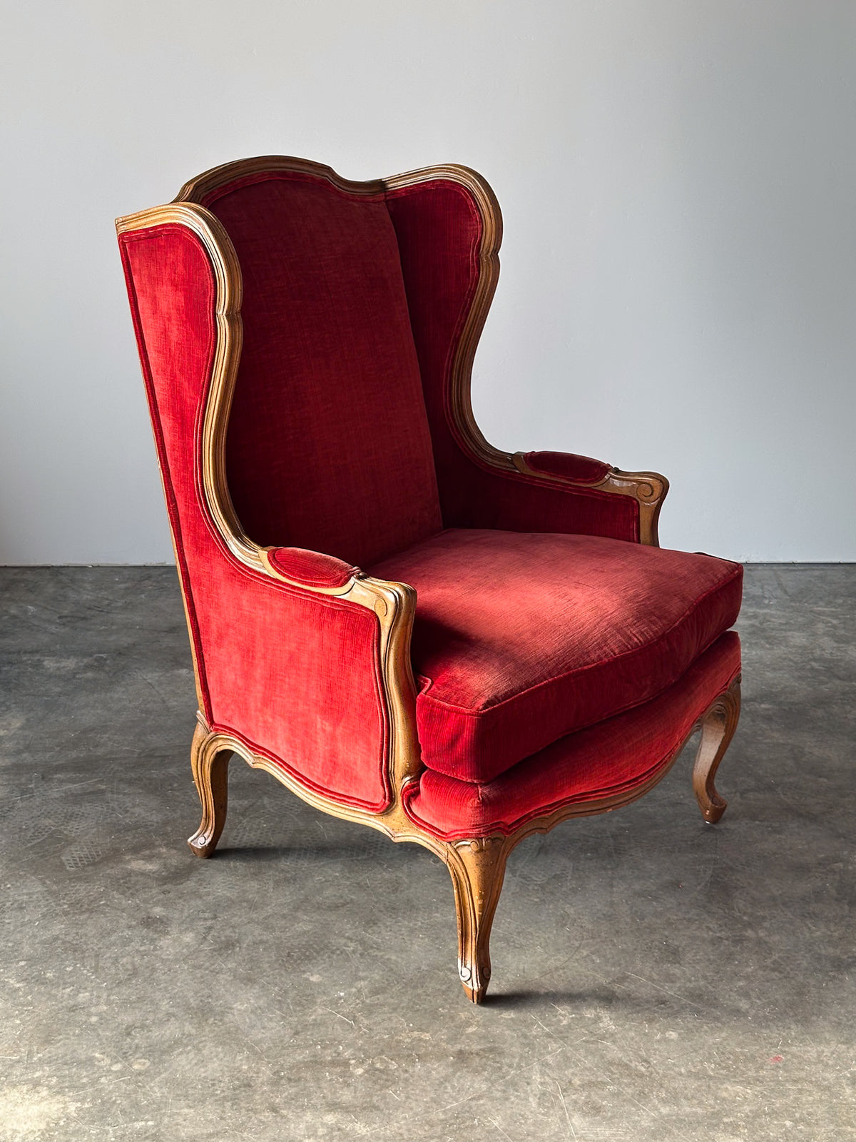 Vintage French Louis XV Style Crimson Velvet Wingback Bergère