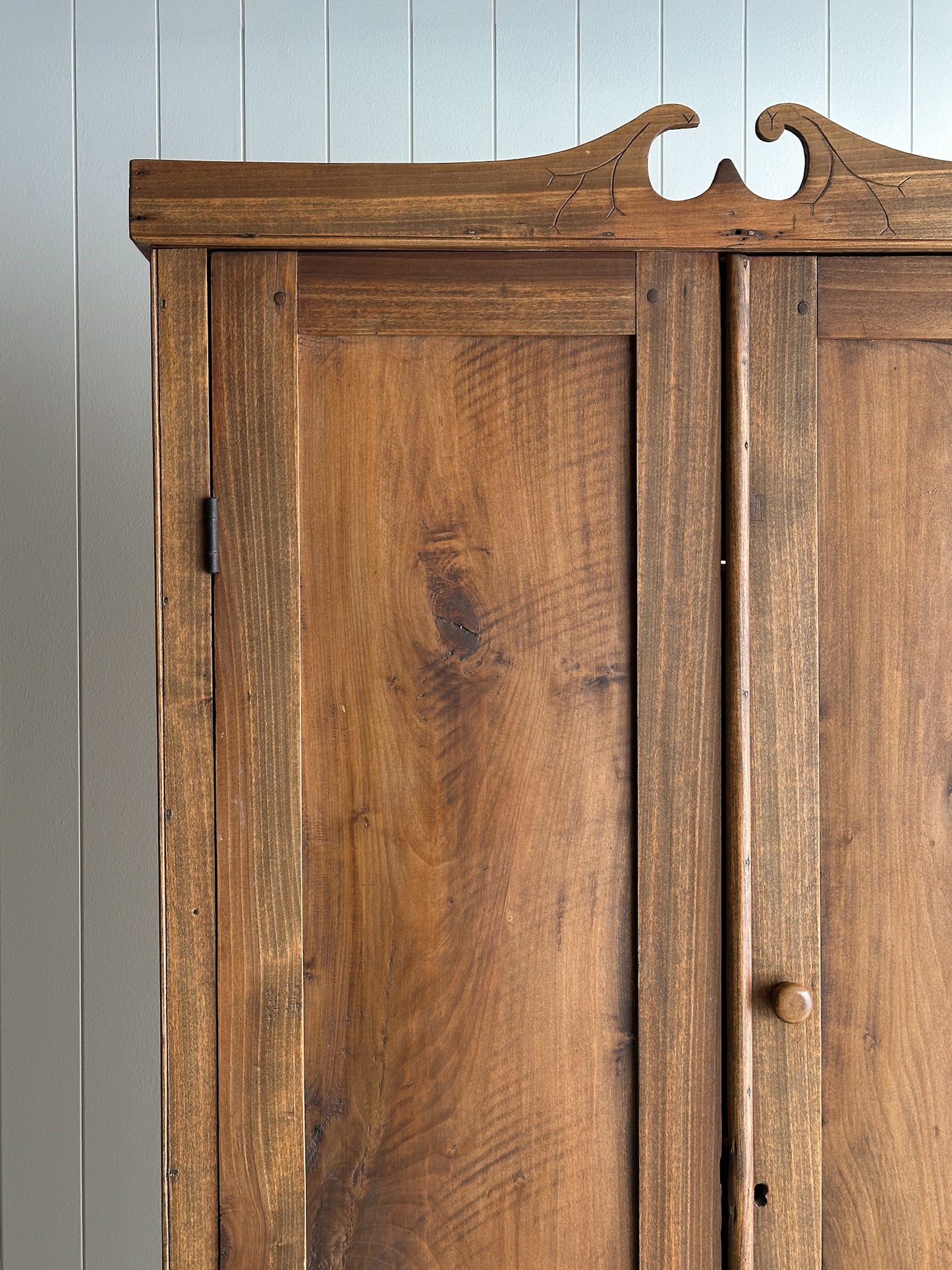 Antique Pine Cupboard Cabinet With Carved Crest