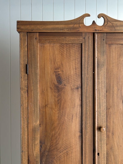Antique Pine Cupboard Cabinet With Carved Crest