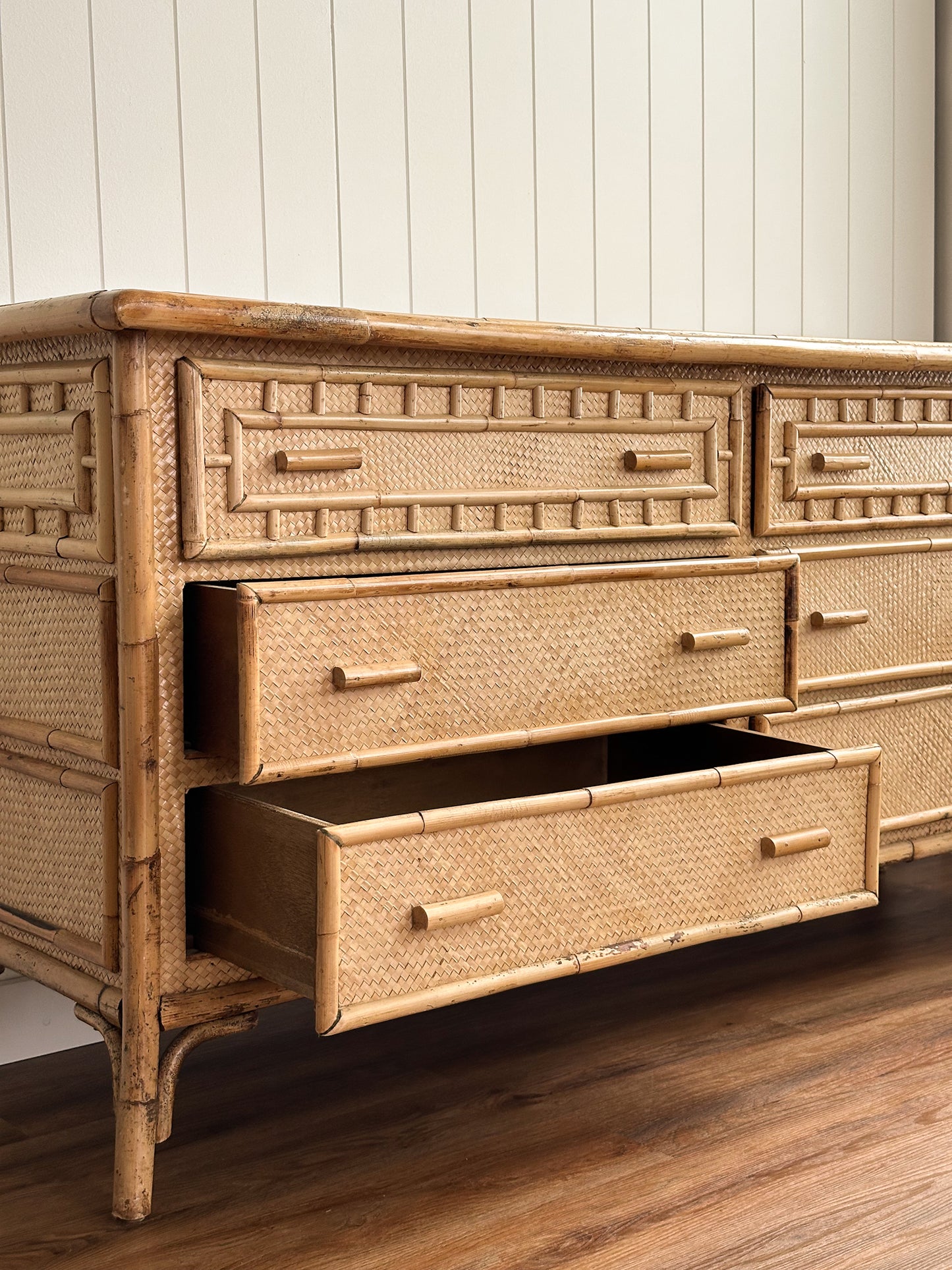 Vintage Coastal Woven Rattan Six-Drawer Dresser