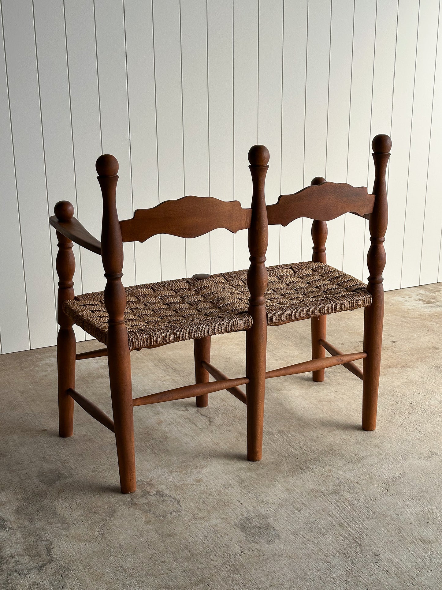 Vintage Sculptural Turned Wood Double Bench with Woven Rope Seat, c. 1950