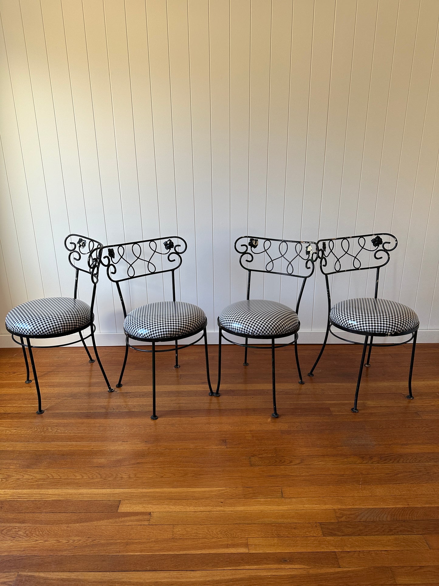 Vintage Wrought Iron Dining Chairs With Gingham Seats, Set of Four