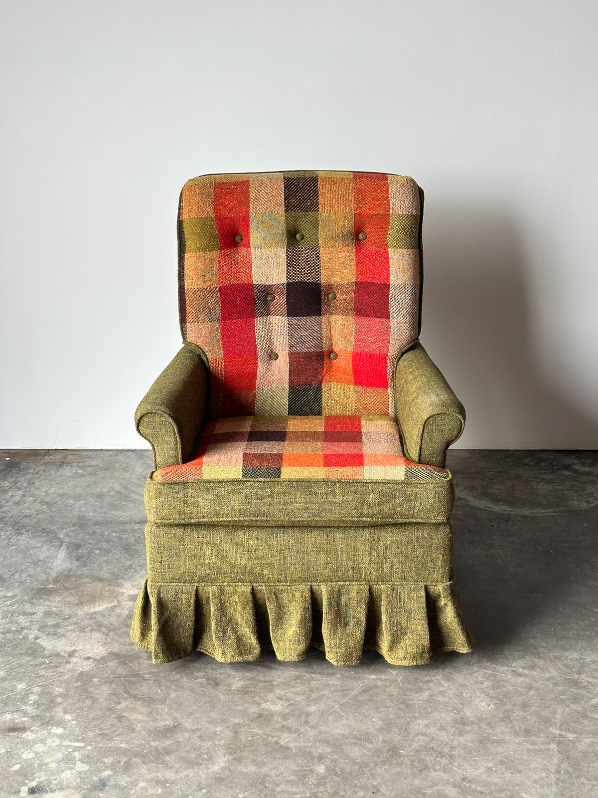 Olive Tweed Swivel Rocker with Patchwork Plaid Upholstery, 1970s