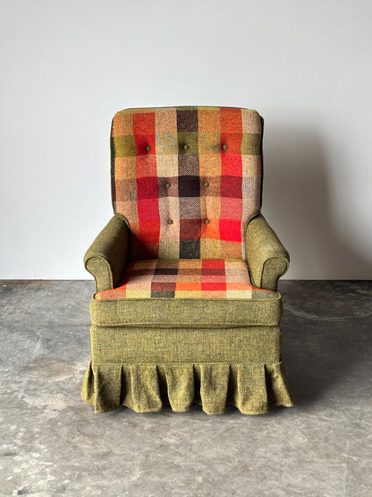 Olive Tweed Swivel Rocker with Patchwork Plaid Upholstery, 1970s