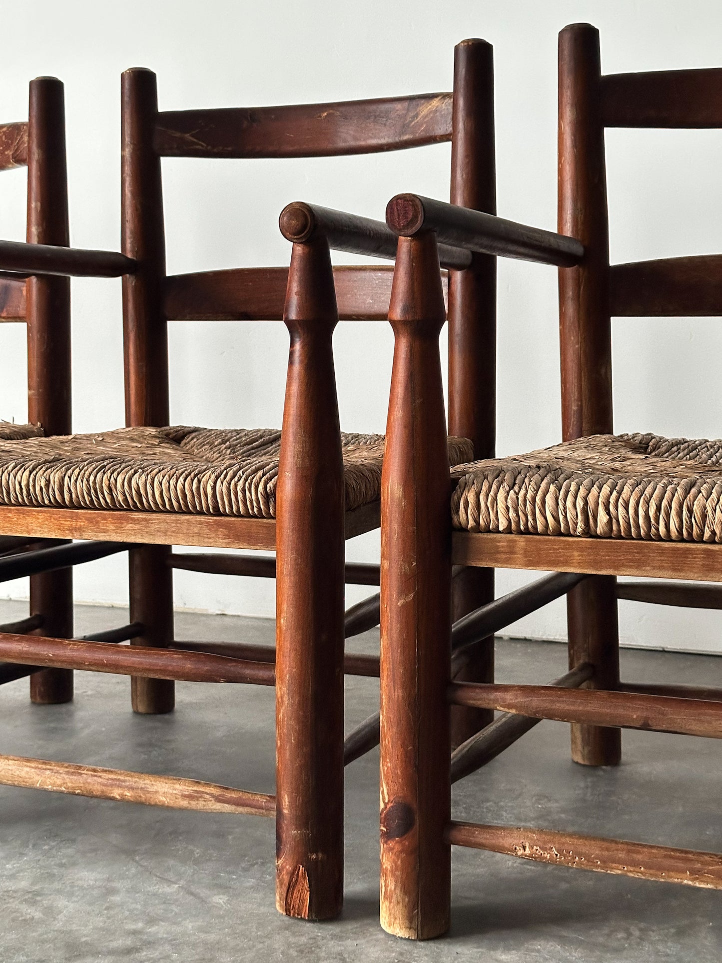 Rustic Pine Hearth Armchairs, France, Mid-20th Century, Set of Four