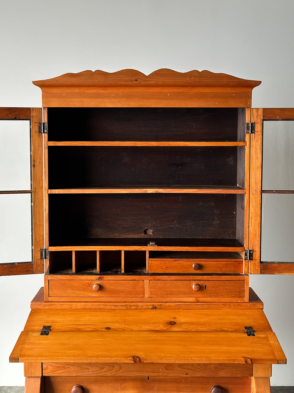 Pine Fall-Front Secretary Desk with Glass-Front Bookcase, Circa 1840s