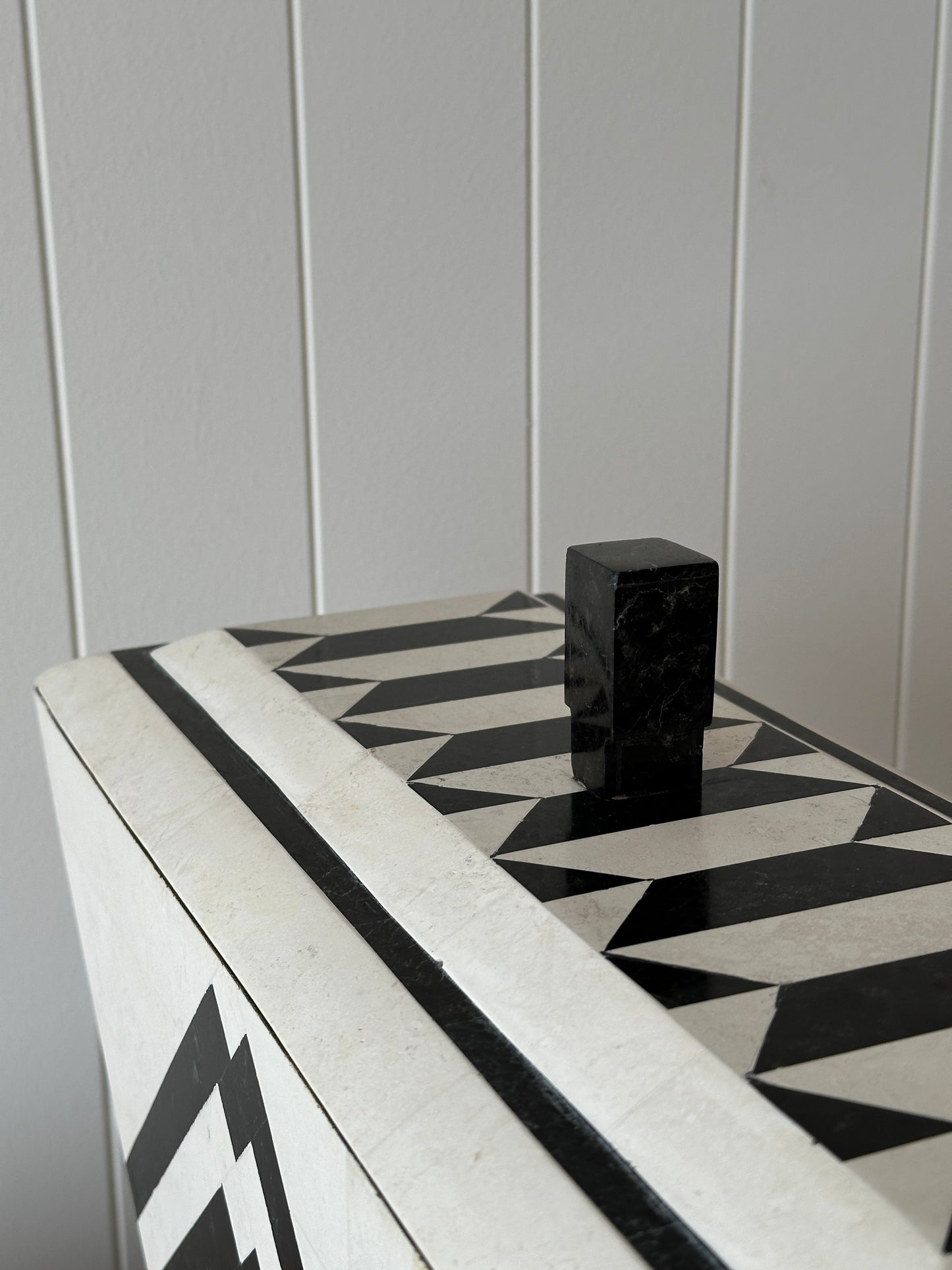 Vintage Maitland-Smith Tessellated Mactan Stone Box With Marble and Brass Inlay