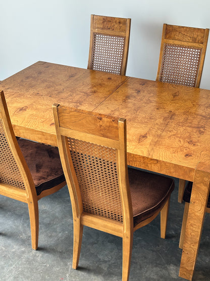 Set of 6 Milo Baughman Style Cane Back Burl Dining Chairs by Lane, 1970s