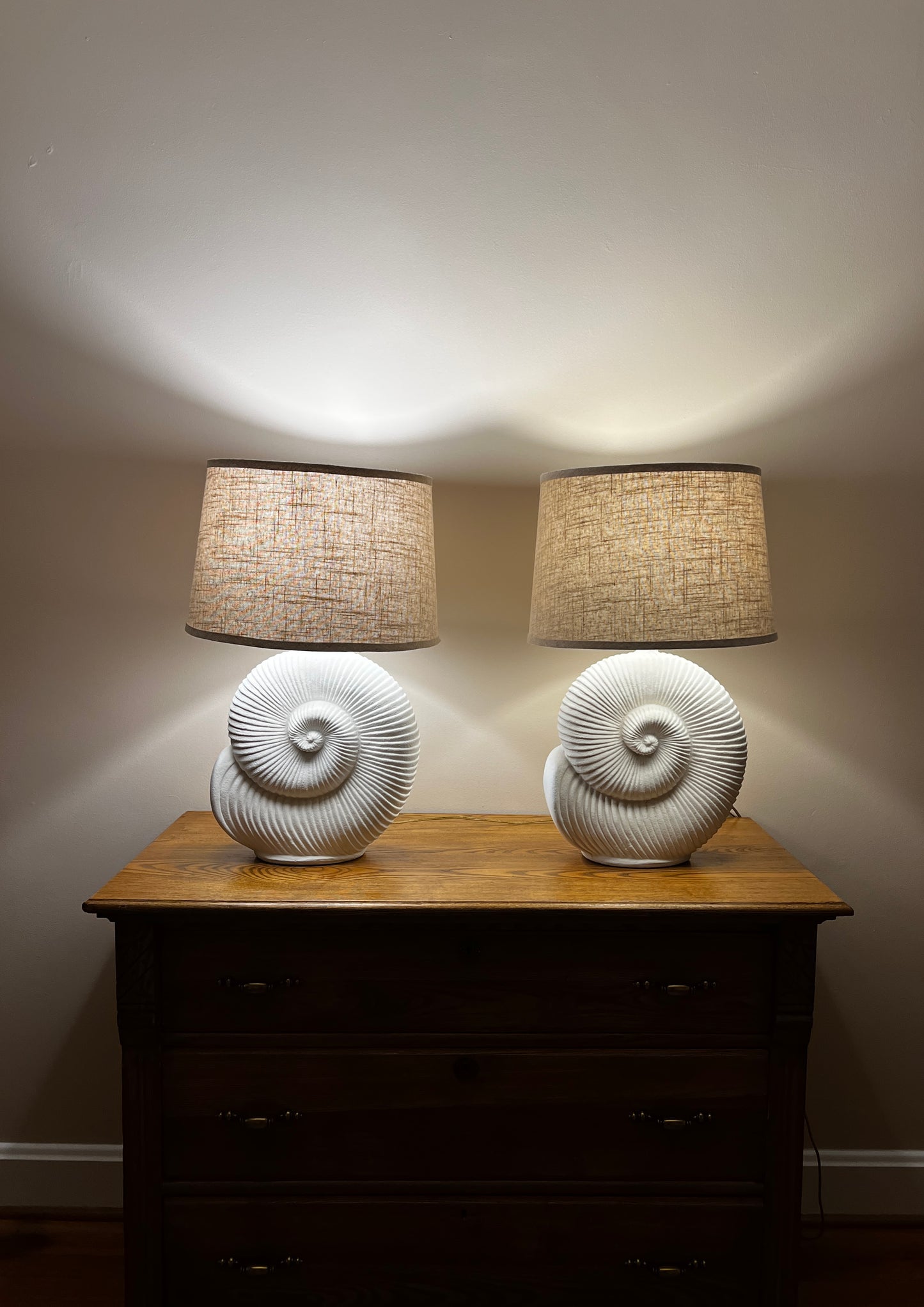 Vintage Spiral Shell Table Lamps With Linen Drum Shades - A Pair