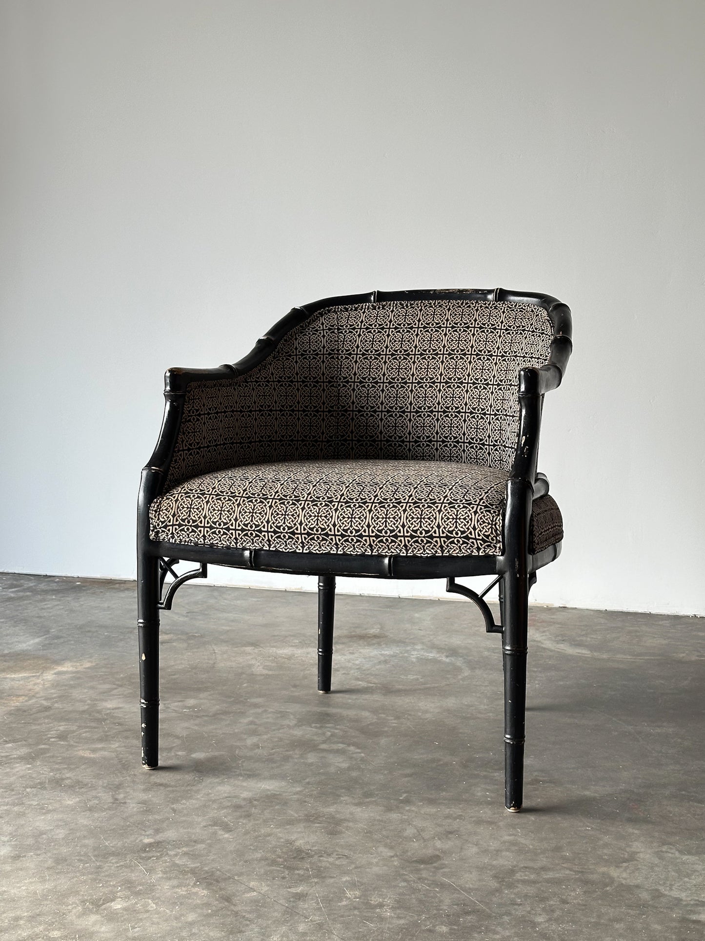 Vintage Black Lacquered Faux Bamboo Barrel-Back Armchair