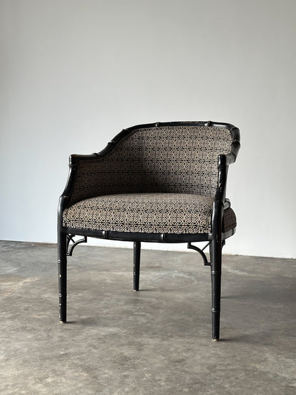 Black Lacquered Faux Bamboo Barrel-Back Armchair, 1980s