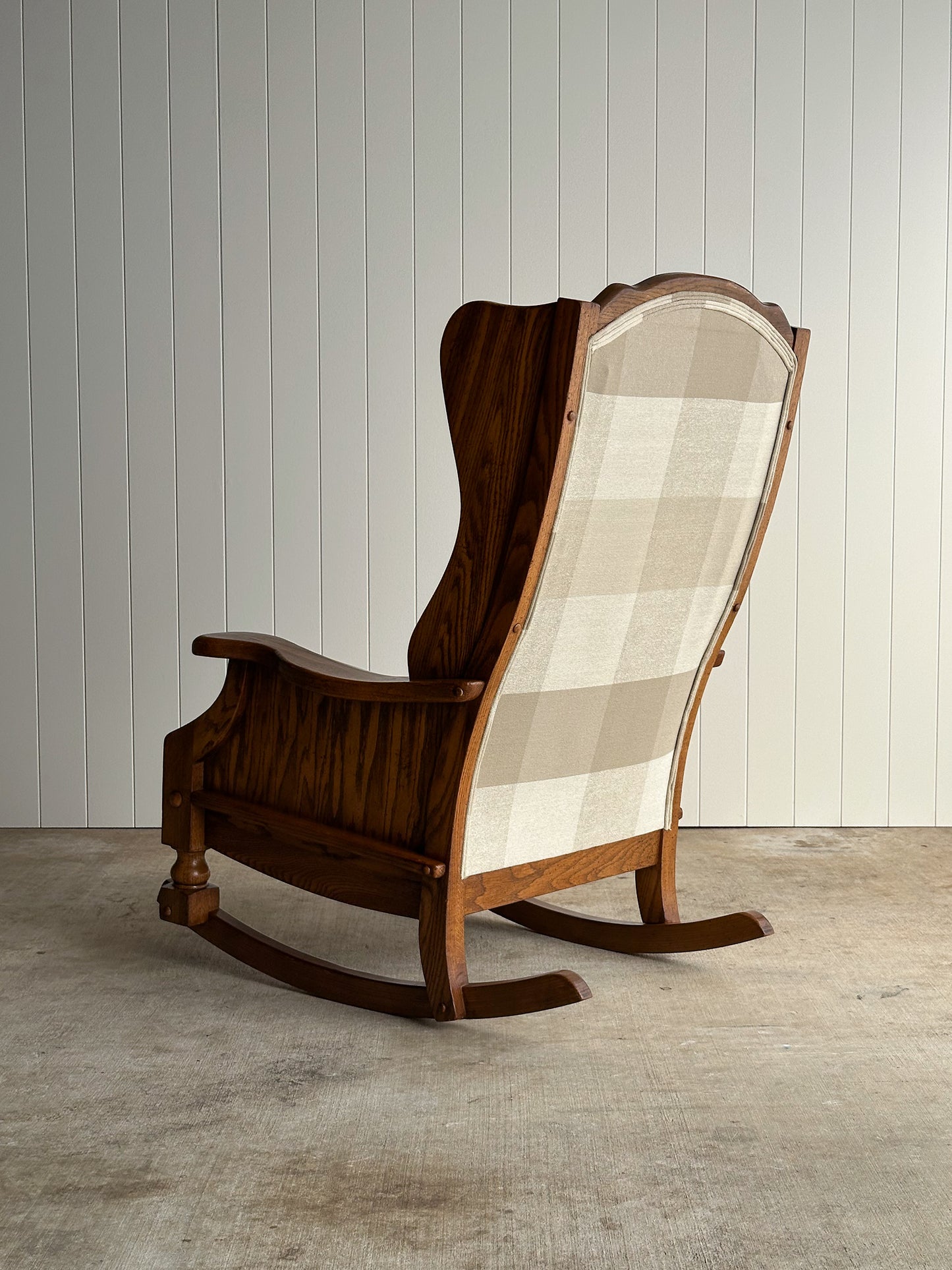 Studio Craft Oak Wingback Rocking Chair With Carved Rail, C. 1970s