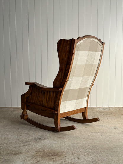 Studio Craft Oak Wingback Rocking Chair With Carved Rail, C. 1970s