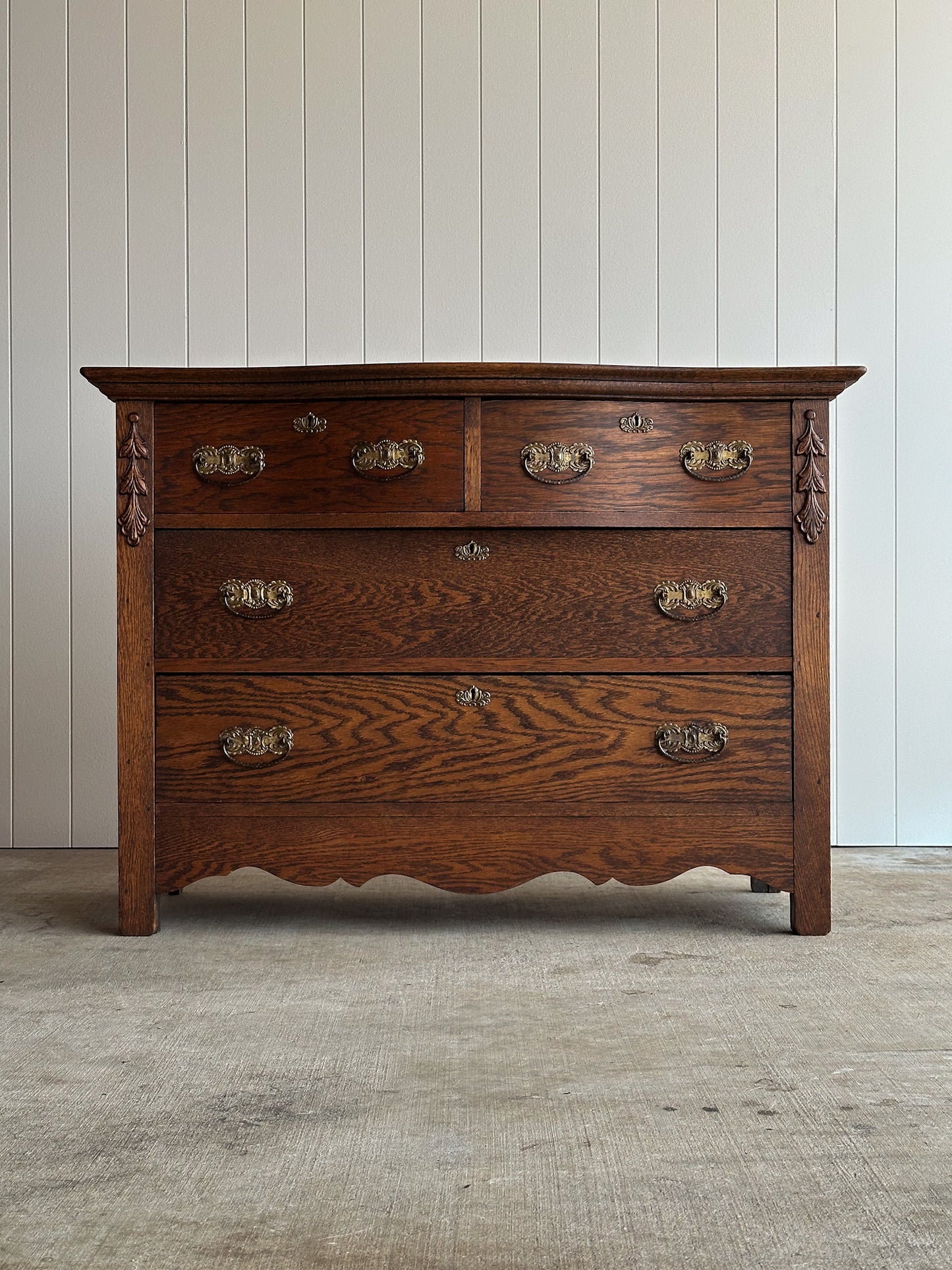 Antique Cathedral-Grain Oak Serpentine Chest of Drawers