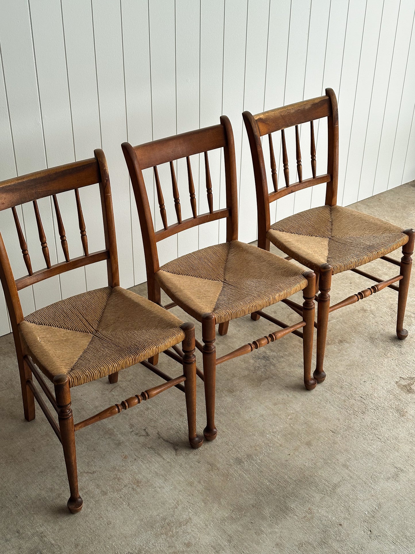 Vintage Maple Dining Chairs With Hand-Woven Rush Seats, Set of Six