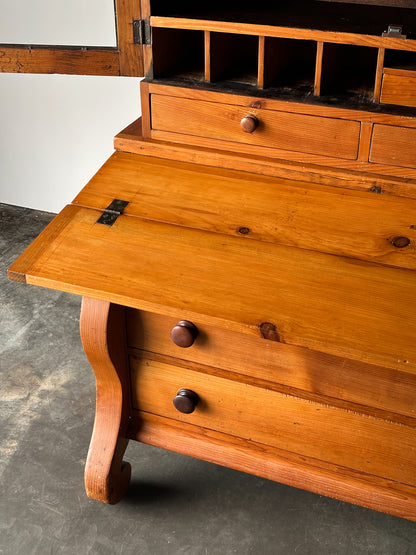 Pine Fall-Front Secretary Desk with Glass-Front Bookcase, Circa 1840s