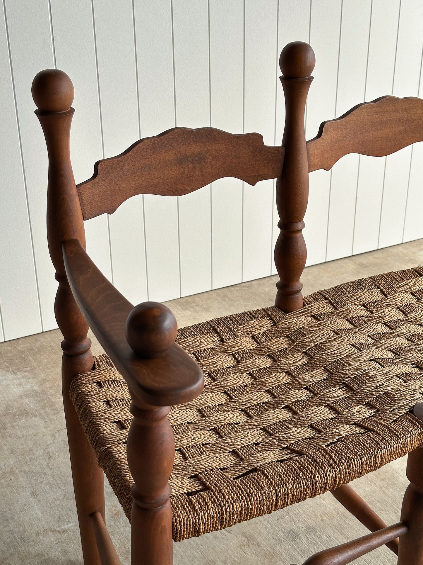 Vintage Sculptural Turned Wood Double Bench with Woven Rope Seat, c. 1950