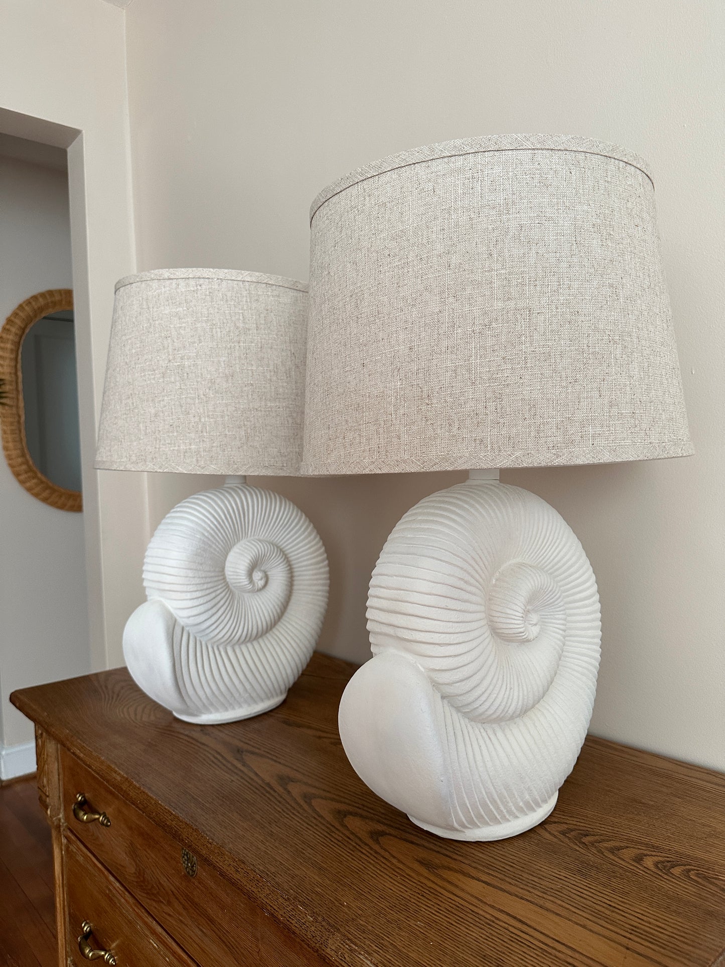 Vintage Spiral Shell Table Lamps With Linen Drum Shades - A Pair