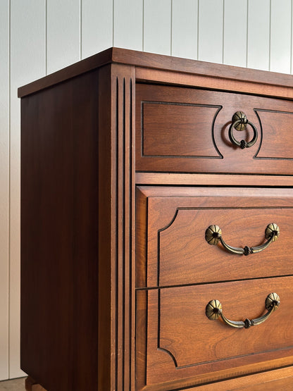 Vintage Ward Walnut Nine-Drawer Triple Dresser with Fluted Details