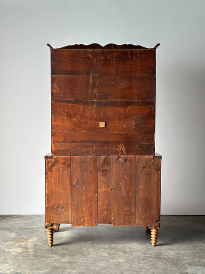 Pine Fall-Front Secretary Desk with Glass-Front Bookcase, Circa 1840s