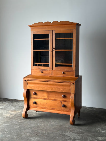 Pine Fall-Front Secretary Desk with Glass-Front Bookcase, Circa 1840s