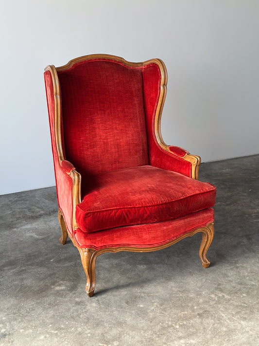 Vintage French Louis XV Style Crimson Velvet Wingback Bergère