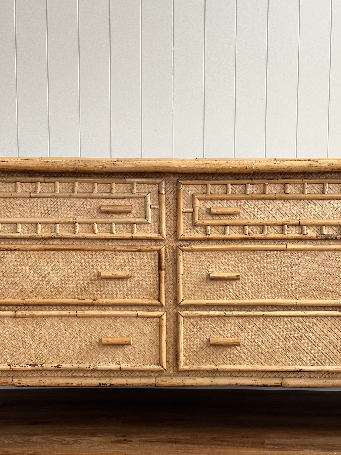 Vintage Coastal Woven Rattan Six-Drawer Dresser